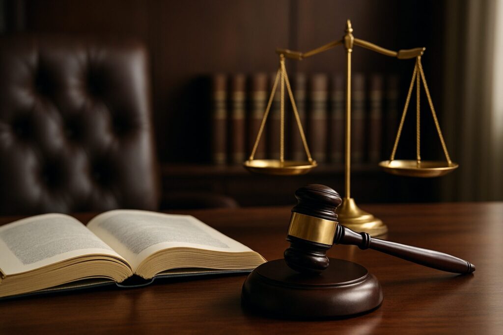 A wooden gavel and a set of scales on a desk with an open law book in the background, representing legal concepts.